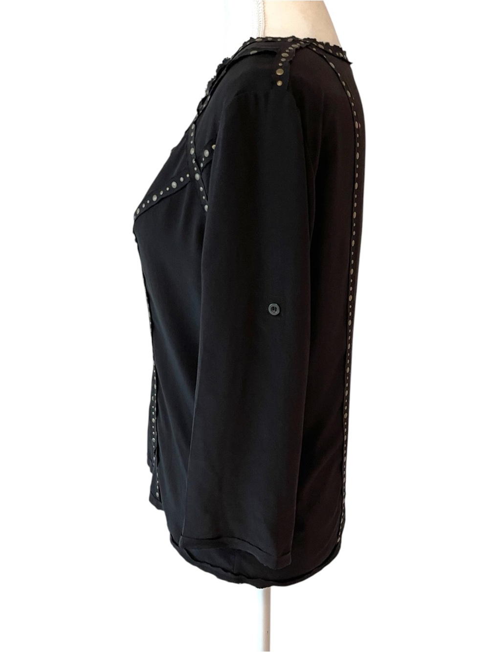 BCBG Maxazria Black Silk Studded V-Neck 3/4 Sleeves Blouse - Picture 4 of 8